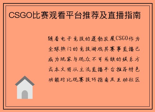 CSGO比赛观看平台推荐及直播指南